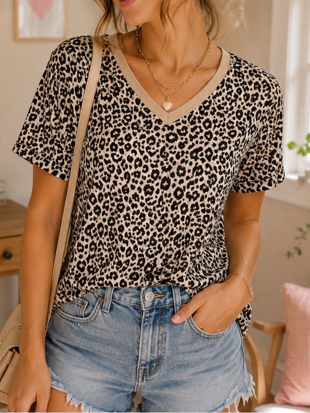 Blooming Jolly Boutique Leopard Catimal Animal Print V-Neck Top Blouse Medium